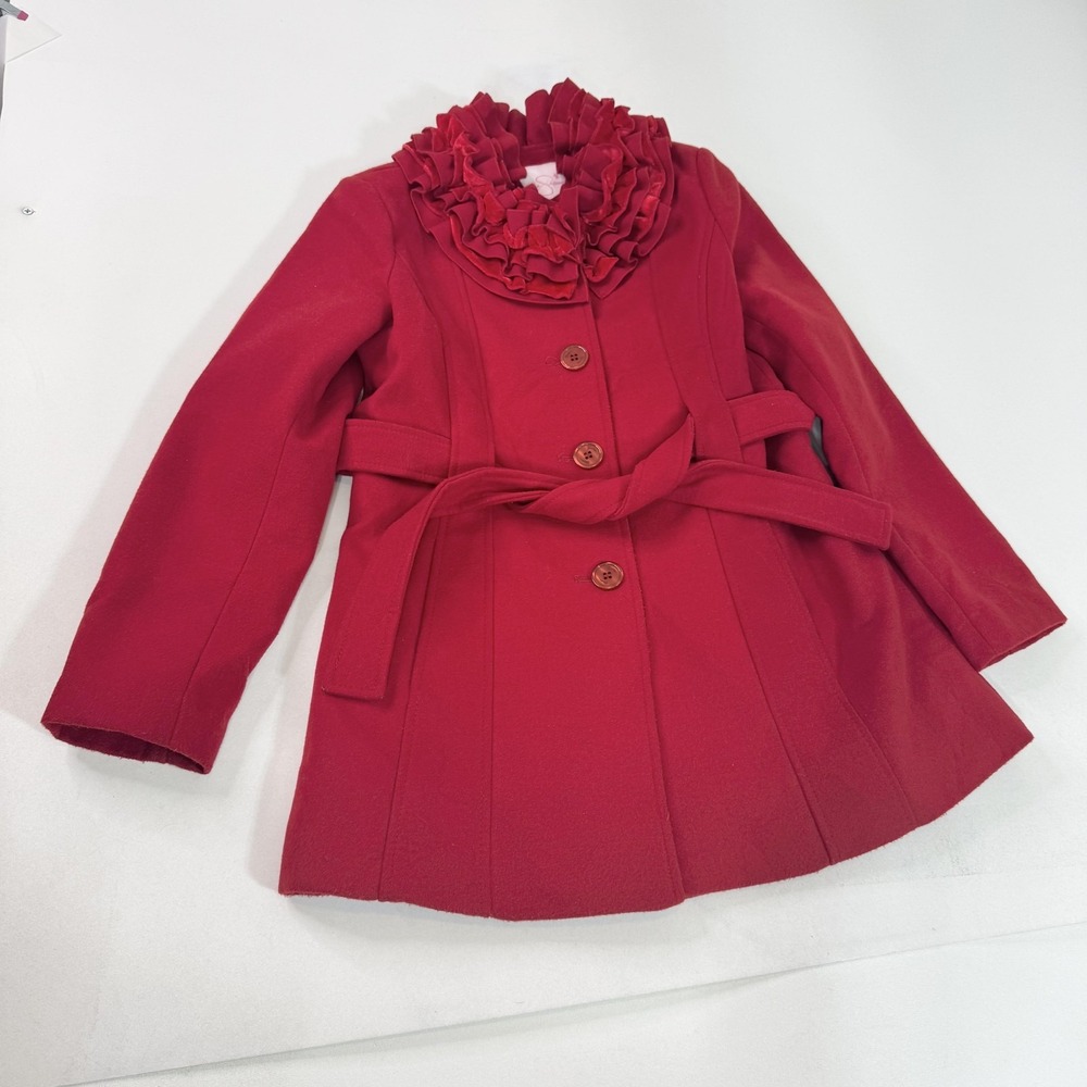Jessica Simpson Coat Girls 7-8 Red Ruffle Collar Belted Button Front Mid Length